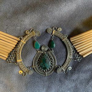 Unique malachite belt. Either reed or bamboo. metal design and clasp, 32 '' long